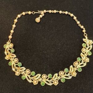 Gold-Tone Floral Necklace with Green Rhinestone and Cream Faux Pearl Accents